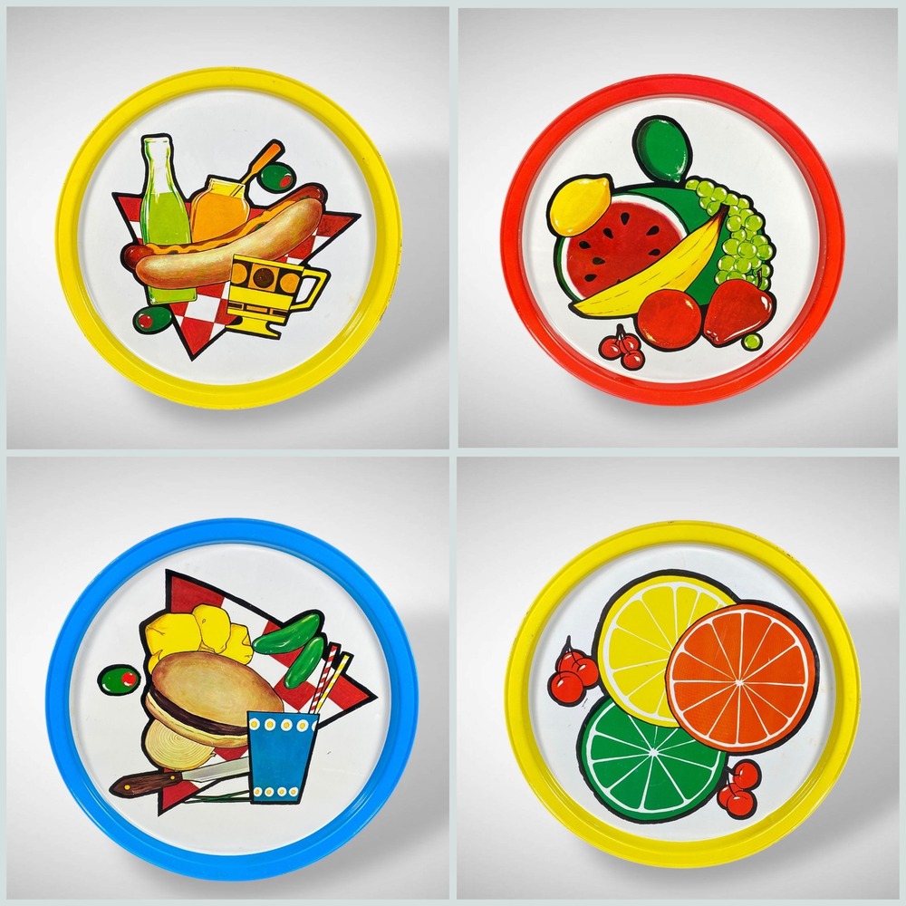 Plate Tray Set of 4 Tin Litho Food Graphics Mid Century 1950s 60s‎ Vintage